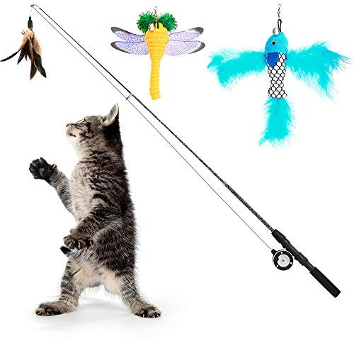 Pawaboo Interaktive Katzenspielzeug, Einziehbar Katzenangel mit 3 Ersatz Angelköder aus Federn und Glocken, Einstellbare Schnurlänge, Feder-Teaser für Katzen Kätzchen Spaß