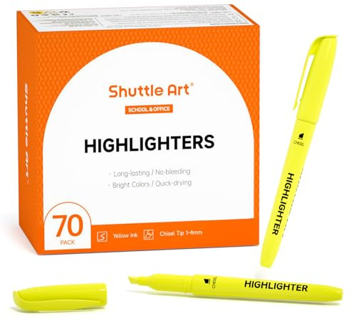 Shuttle Art 70 Pack Highlighters, Yellow Highlighters with Versatile Chisel Tip, Highlighter Markers Bulk in Vibrant Color for Highlighting as Office, School Supplies