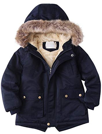 De feuilles Kids Boys Faux Fur Hooded Parka Coat Winter Warm Fleece Lined Jacket Padded Outwear Outfits (Navy Blue, 9-10 Years)