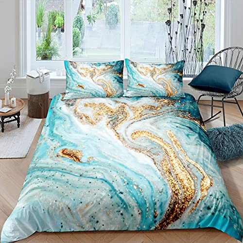Marmorierung Bettbezug Set 200x200cm Mint Gold Glitter Türkis Bettdecke Chic Girly Marmor Bettwäsche Set 3tlg für Kinder Mädchen Zimmer Dekor, Abstrakte Steinstruktur Tagesdecke mit 2 Kissenbezügen