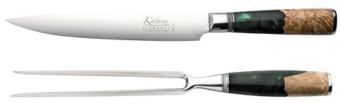 Katana Saya Elements 2-delars set med 20 cm trancherkniv och gaffel, regnskogsgrön – Högkolhaltigt VG-10 Damaskusstål för extrem hårdhet och skärpa – Handtag i naturligt olivträ och harts