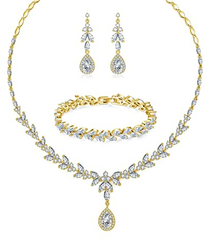 Zolkamery Femme Parure Plaquée Or, Tiges Chaîne Pendentif Hypoallergénique, Ensemble de Bijoux Boucles d'oreilles Collier Bracelet Fleur avec Zircon Cubique 5A Blanc, Robe de Mariée Mariage
