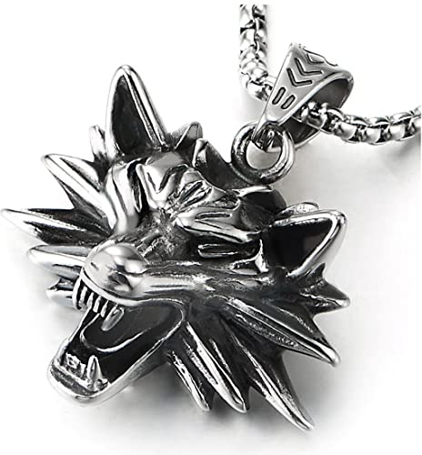COOLSTEELANDBEYOND Annata Acciaio Ruggente Lupo Testa Spillo Capelli Pendente Collana, Ciondolo da Uomo, Catena del Grano 75CM, Rock Punk