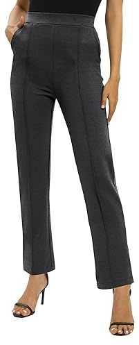 EXCHIC Donne Ufficio Casual Elastico Alta Vita Gamba Dritta Pantaloni con Tasche(L, Grigio Profondo)