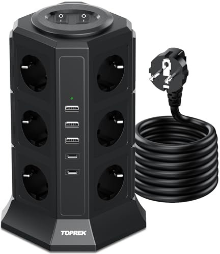 Multiprise avec 2 Interrupteur, TOPREK 12 Prises Multiprise Electrique avec 5 USB A & 2 USB C, 4000W/16A, Multiprise Parafoudre et 2M Câble la Maison et au Bureau (Noir)
