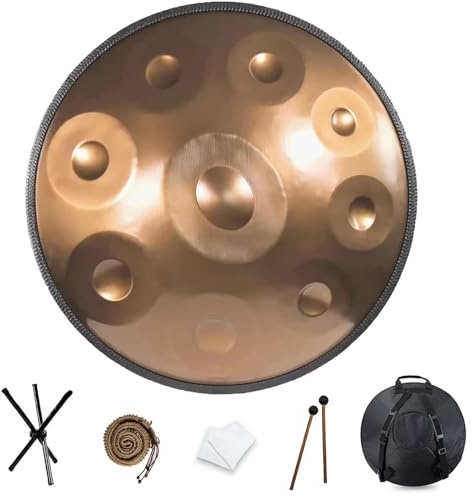 QWPDWA Handpan Tambor de 9/10/12 Tonos de Acero de 22 Pulgadas con Funda Suave, percusión armónica para sanación del Sonido, meditación Personal, Yoga Gold 9 Notes