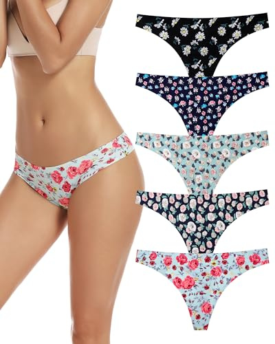VOENXE Tangas de Lencería,Tangas Mujer Pack,Sin Costuras Bragas,Ropa Interior,para Mujeres,Women Multicolor con Acabado Fino Que No Marca,Cómodos,Suaves y Elásticos Thong Underwear,5 Pack