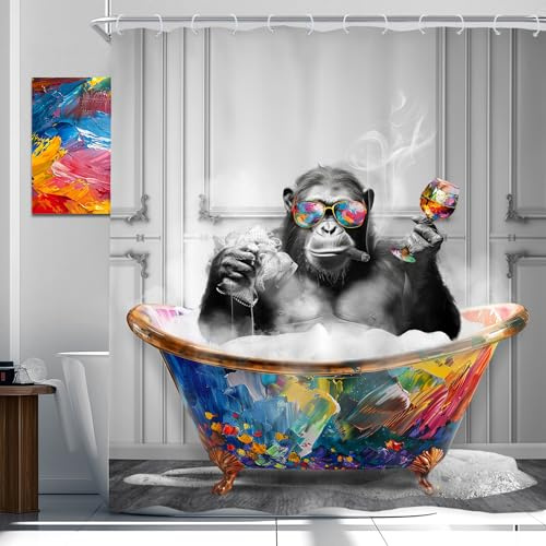 Funny Monkey Black White Chimpanzee Animal Bathroom Shower Curtain Set