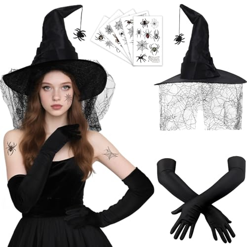 KYOEOE 7er Halloween Hexenhut mit Lange Handschuhe(50cm) Set,Schwarzer Hexenhut mit Spinnenanhänger Spinnen Tattoo Faltbarer Hexen Kostümzubehör Hut Accessoires für Fasching,Party,Theater Bar-Events