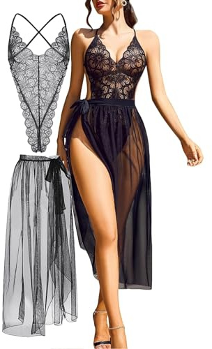Sexy Vestido Pareo con Bodis para Mujer Bikini Cubierta de Playa + Encaje Bodysuit Sarong Verano Falda Transparente Largo Elegante Chal de Gasa Cover Up (FR/ES, Letras, XL, Regular, Regular, Negro)