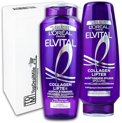 TopDealMile- Vorratspack für Haarpflege von L’Oréal - Elvital Collagen Lifter Aufpolsterndes Volumen Shampoo +Collagen Lifter Kräftigende Pflegespülung 300 +250 ml