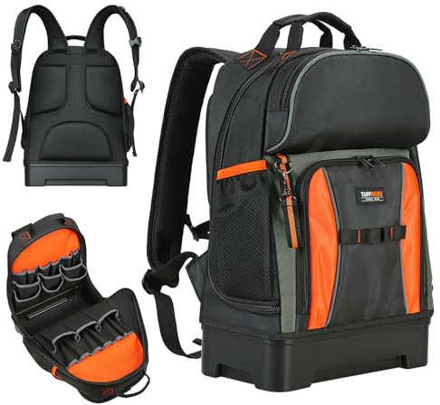TUFFWORX Tool Backpack with Hard Bottom, Heavy Duty Storage Bag, Multiple Compartments, Black and Orange