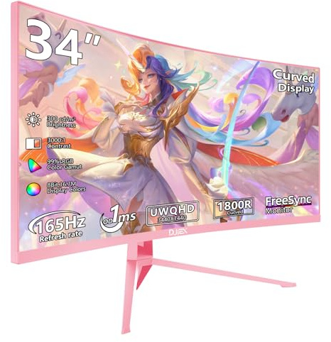 DJiEX 34 Inch Pink Curved Gaming Monitor, 165Hz UWQHD 3440x1440, 1500R, 1ms MPRT, HDR, FreeSync, 99% sRGB, HDMI DP, VESA Mount, All-in-One for Immersive Play