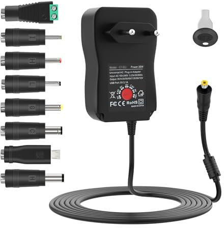 Universal Netzteil 3-12V, Isisyu 30W AC zu DC 3V 4.5V 5V 6V 7.5V 9V 12V Adapter Einstellbares Schaltnetzteil Ladegerät mit 5V 2.1A USB Port und 8 DC Steckern für LED Streifen, Router, 2A max
