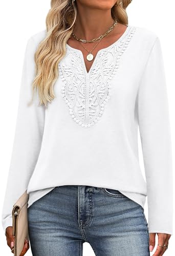 White Tops for Women Boho Long Sleeve Shirts Business Outfits Plain Plus Size White Blouse Dressy Casual Winter Clothes 2XL