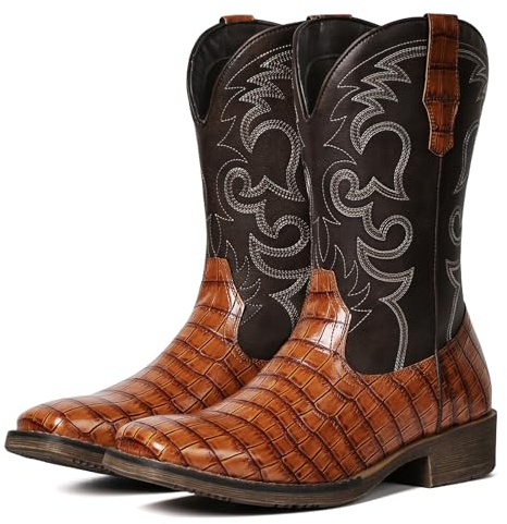 IUV Cowboy Boots For Men Western Caiman Tail Print Wide Fashionable Embroidered Pull On Slip Resistant Boots