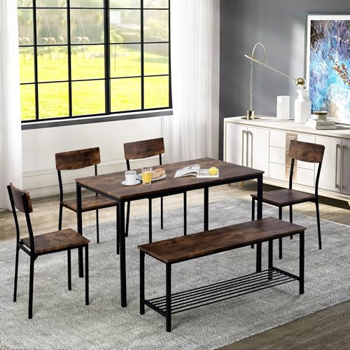 Mesa de comedor con sillas y banco – Juego de comedor para 6 personas, tablero de madera y estructura de acero de estilo industrial, ahorro de espacio para comedor, sala de estar o espacios pequeños