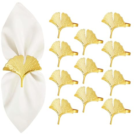 Keilend 12 Pcs Gold Napkin Rings - Metal Gingko Leaf Serviette Rings, Elegant Table Decor for Wedding, Christmas Party Dining