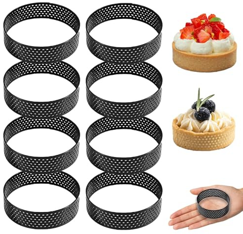CAAGGMM Tårtring, 8 stycken 6 cm Mousse för tartletter i rostfritt stål, mikroperforerade runda ringar formar, runda tårtringar, för frukt, quiche och mousse, svart
