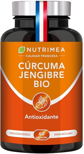 Cúrcuma con Jengibre Bio | Potente Antiinflamatorio & Antioxidante | Huesos y Articulaciones | Digestión | 60 Cápsulas Veganas Turmeric Fabricado Francia Nutrimea