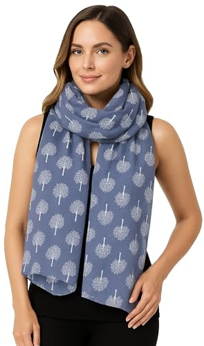 World of Shawls Mulberry Tree Scarf Shawl Wrap Soft Warm (Denim Blue With White Tree)