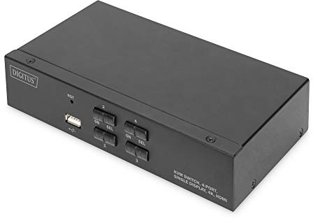 DIGITUS KVM-Switch HDMI – 4-Port Single-Display – 4 PC 1 Monitor – 1x Maus, Tastatur und Audio für 4 Computer – UHD 4K 30Hz – Hot-Key KVM Umschalter – 1x USB 2.0 Hub – Schwarz