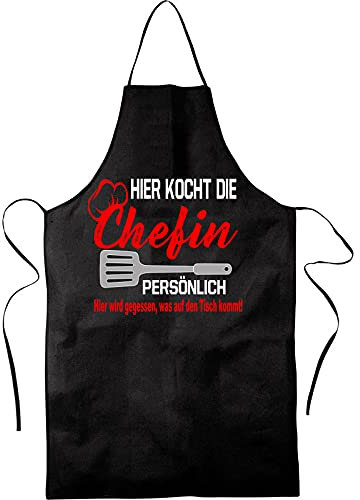 Blickfang Lustige Küchenschürze für Frauen| HIER KOCHT DIE CHEFIN | Kochschürze, Latzschürze, Grillschürze, Partyschürze | Geschnek, Geburtstag, Schurz (Schwarz)