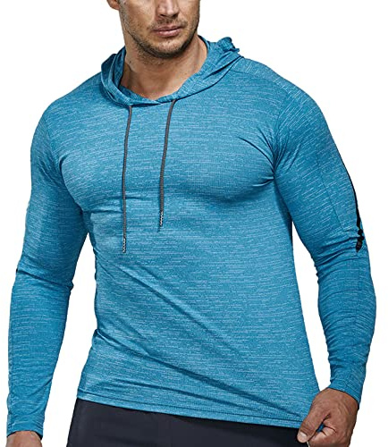 Hombres de Manga Larga Compresión Camisas para Correr Deportes Sudaderas con Capucha Dry Fit Aptitud física Cima 21801 Azul L