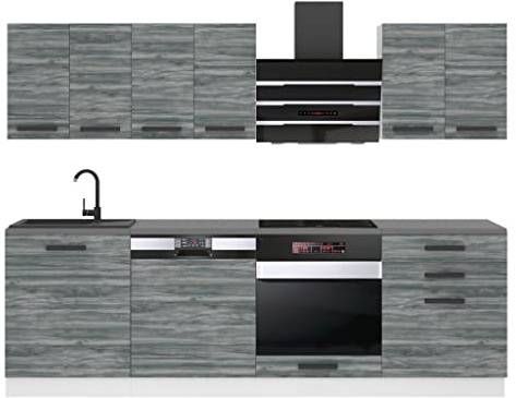 Belini Küchenzeile Küchenblock Susan - Küchenmöbel 240 cm Einbauküche Vollausstattung ohne Elektrogeräten mit Hängeschränke und Unterschränke, ohne Arbeitsplatten, Glamour Wood
