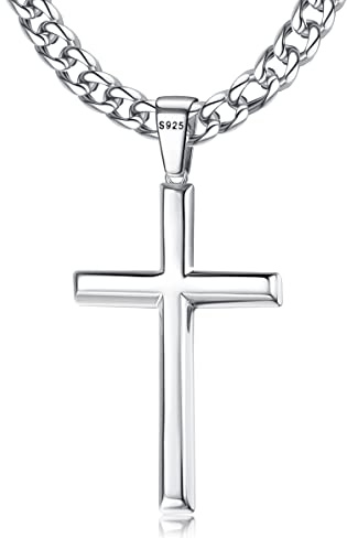 KRFY 925 Argent Croix Pendentif Collier pour Homme Femme 5mm Durable en Acier Inoxydable Diamant Figaro ou Collier de Chaîne Sertie 18k Or Blanc Plaqué Or Rose Pendentif Croix Poli Fin Collier Croix