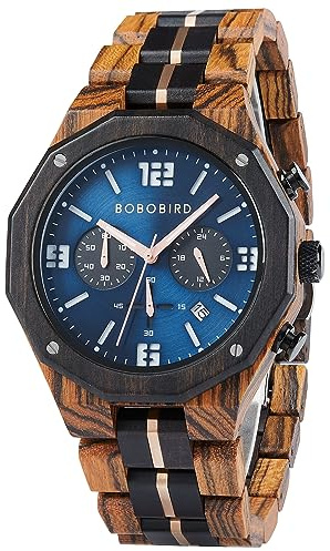 BOBO BIRD Montre en bois pour homme - Montre sport tendance - Chronographe - Montre à quartz pour homme - Bracelet en acier inoxydable - Montre avec affichage de la date