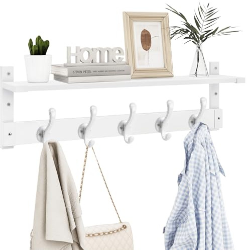 Homode Coat Rack With Wall Shelf, 29 Wooden Entryway Floating Shelf With Hooks Underneath, Hanging Coat Hanger for Bathroom, Living Room, Bedroom, Hallway, White