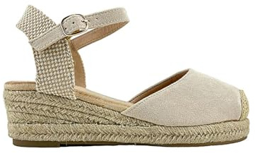 MODELISA - Sandalia Tacon Cuña Alpargata Esparto Hebilla Pulsera Tobillo Primavera Verano Mujer (Beige, 36)