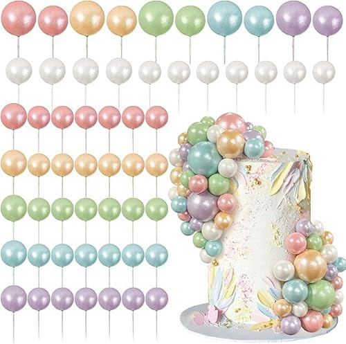 56Pcs Ball Cake Topper Decorations Rainbow DIY Cake Insert Topper Mini Foam Balls Cupcake Topper Decorations Foam Balls Cake Picks for Wedding Birthday Anniversary Baby Shower (Macaron)