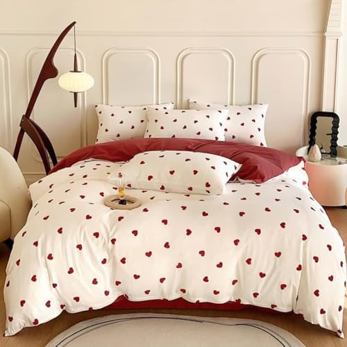 Freyamy Bettwäsche 200x200cm 3teilig Weiß Rot Herz Mädchen Bettwaren-Sets Romantisch Liebe Bettwäsche 100% Microfaser Liebesmotiv Bettbezug mit Reißverschluss und 2 Kissenbezug 80x80cm