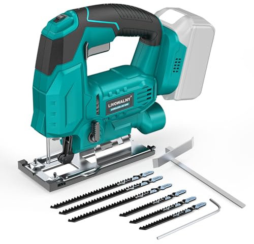 LIVOWALNY Seghetto Alternativo 750W, Seghetto Alternativo a Batteria da 750 W per Makita 18V, Profondità di Taglio 60mm, 2800RPM, 6 Velocità Variabile, Angolo di Taglio da ±45 °, 6 lame, Batterie non