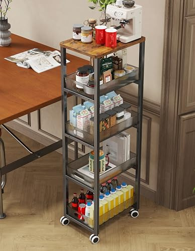 Ornestia 5-Tier Storage Trolley, Pull-Out Rolling Storage Cart with Wooden Top, Space-Saving Mobile Utility Cart with Lockable Wheels, for Living Room Kitchen Bathroom(35cm*28cm*107cm)