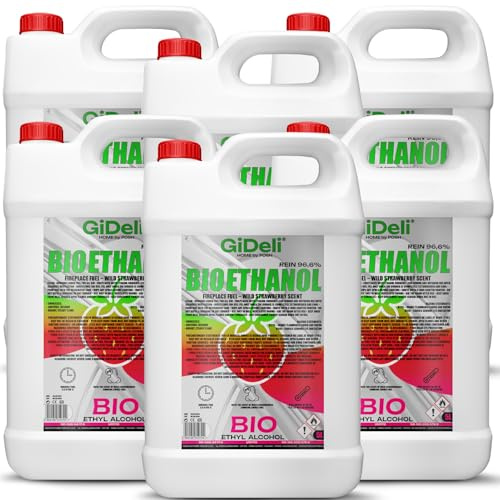 GiDeli Bioetanol 6 x 5 l de aroma a fresa silvestre 96,6% etanol para chimeneas interiores y exteriores, sin humo ni hollín, de maíz y remolacha azucarera