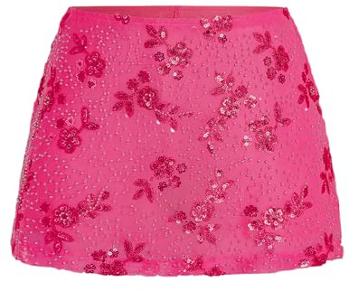 QELVARINE Women's Sequin Skirt Sparkly Low Rise Mini Skort Y2K Beaded Rhinestone Skirt Summer, Hot Pink, M