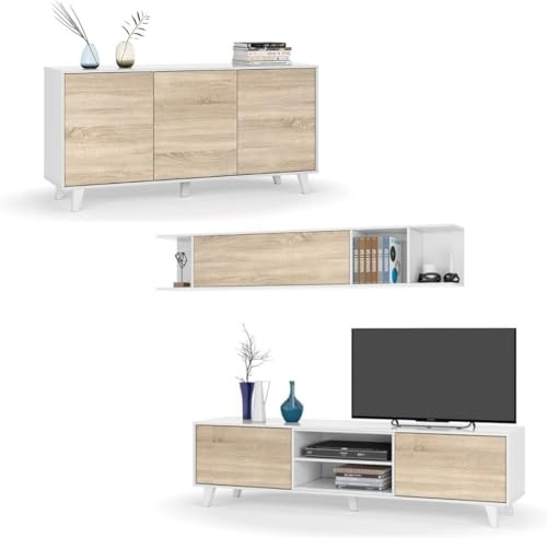 Mobelcenter, Conjunto de Salón Zaiken Plus, Incluye Mueble de Salón, con módulo Inferior y módulo Superior, y Aparador Bufet Comedor, Acabado Color Roble Canadian y Blanco Brillo (P0028)