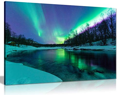 Winter River Northern Lights Aurora Borealis, Living Room and Bedroom Framed Art, Quality Picture for Walls, Nature Design, Print for Special Occasions (36X24)