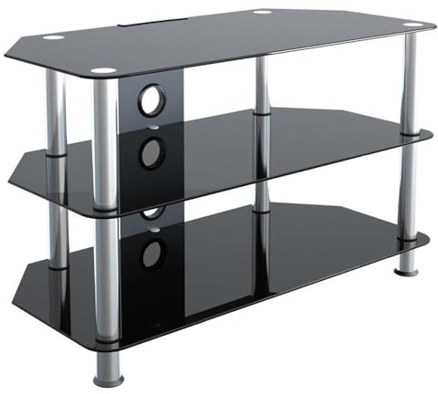 AVF Classic Corner TV Stand for TVs up to 43 Inch, 3-Tier Black Tempered Glass Entertainment Center with Cable Management, Chrome Legs, 31.5 Inch Wide (SDC800CM-A)