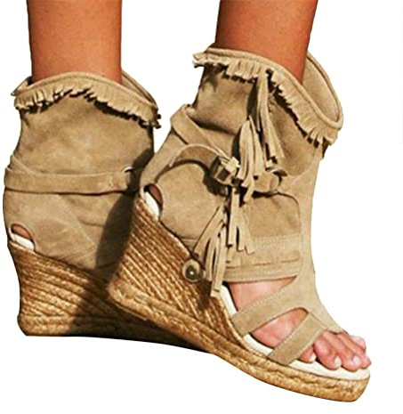 Minetom Sandalias con Borlas para Mujer Tacón De Cuña Sandalias Romanas De Gladiador Bohemio Sandalias De Verano Botines Zapatos De Playa A Caqui 39 EU