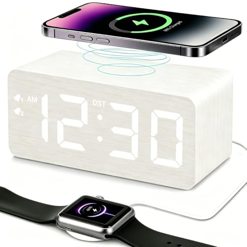 Premium Wooden Digital Alarm Clock with Wireless Charger, Dual USB Charging Ports, 0~99% Dimmable Large Time Display, DST, Snooze, Small Digital Desk Clock for Bedrooms Nightstand Bedside Office