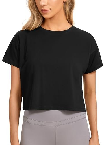 CRZ YOGA Damen Kurzarm Sport Tshirt Loose Baumwolle Fitness Crop Top Sommer Gym Workout Cropped Oberteile Schwarz 36