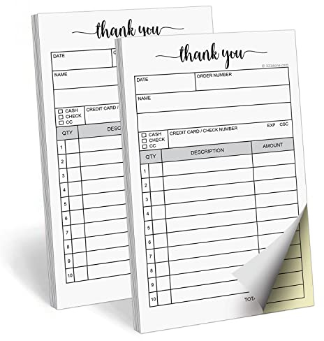 321Done 2-Pack Thank You Receipt Book, 3.4x5.5 Handheld 2-Part Carbonless, Made in USA, Carbon Duplicate Copy Sales Order Form, Invoice Pad, Cute Convenient for Small Business (50 Sets) White/Yellow
