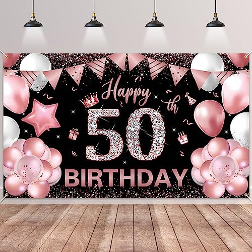 50.Geburtstag Banner Roségold Schwarz,BTZO 50.Geburtstagsbanner,Deko 50 Geburtstag Dekoration Banner Hintergrund für 50 Frauen und Männer Geburtstagsfeier Deko