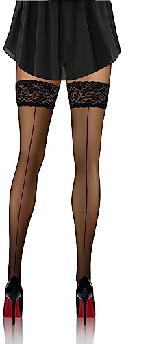 sesto senso Calze Autoreggenti Pizzo con Silicone Modello con Cucitura 20 DEN Donna Sexy Lingerie Nero 3XL/4XL Riga