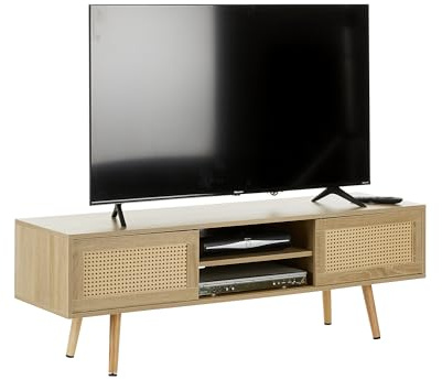 MMT 140cm Rattan TV Stand Cabinet with Sliding Door, Scandi Style TV Cabinet, Natural Wood Finish, TV Entertainment Units for Living Room, Fits Upto 65 TV, on Legs, Rattan TV Unit