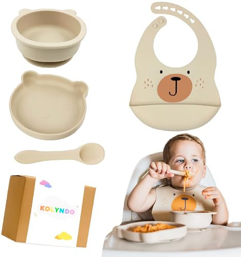 Silikon Baby Geschirrset, Rutschfest Kindergeschirr Set mit Saugnapf, 4 Stück BPA Frei Esslernbesteck Sets mit Löffel Schüssel Lätzchen und Rutschfest Teller - Beikost Baby Zubehör